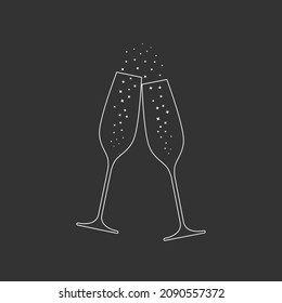 Clink glasses champagne graphic icon. Two champagne glasses sign isolated on black background. Vector illustration