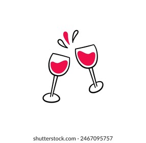 Tirón de gafas en estilo doodle. Salpicaduras de vino tinto. Dos copas. Brindis de felicitación. Elemento de línea dibujado a mano. Ilustración vectorial en estilo doodle sobre fondo blanco.