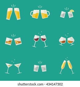 Clink glasses flat icons. Glasses with alcoholic beverages