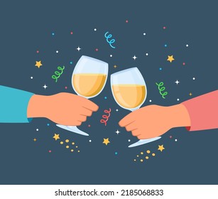 Clink glasses hands. Friends clink wine drinks, alcohol drinks in wineglasses, holiday party, people event together, celebration cheers, colored confetti. Vector illustration