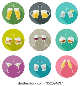 Clink glasses icons. Glasses with alcoholic beverages in flat style.