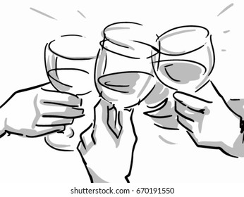 Clink glasses vector sketch. Drinking wine, cheers. Hands holding glasses black and white simple line drawing. White background.