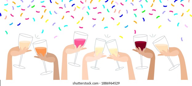 clink glasses with wine and confetti. hen-party. festive party. hand holds a glass with alcoholic drinks. celebration with clinking glasses. cheers.