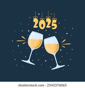 Clica nos óculos. Bebidas de vinho, festa de fim de ano. Celebrando o Ano Novo de 2025. Pendurando números de ouro com fitas, foguetes, confetes, fogos de artifício. Cartão comemorativo de Ano Novo. Ilustração vetorial