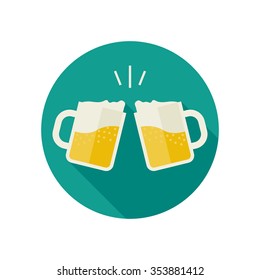 Clink mugs with beer icons. Glasses with alcoholic beverage in flat style.