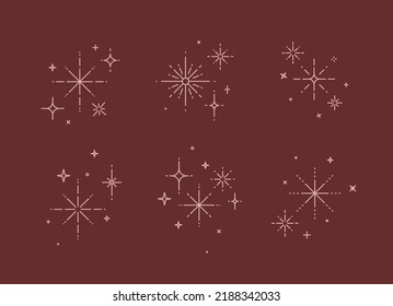 Clink splashes, stars, glowing in flat line art deco style drawing on red background