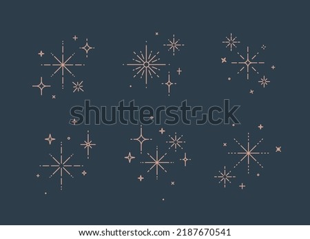 Clink splashes, stars, glowing in flat line art deco style drawing on blue background