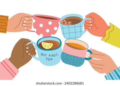 Agarra tazas de té y café. Saludos en las manos, fiesta amistosa de té, amantes de bebidas calientes, grupo de personas, brazos humanos, ilustración vectorial.eps
