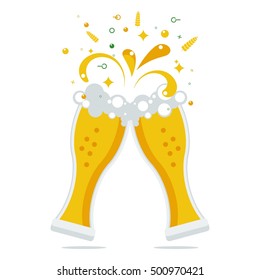 Clink two beer glasses. The expanding foam and spray. Festive celebration or meeting. Vector flat cartoon beer illustration. Objects isolated on a white background.