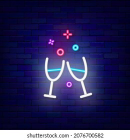 Clink two glasses neon icon. Party celebration. Happy Valentines Day. Outer glowing effect banner. Romantic holiday concept on brick wall. Editable stroke. Isolated vector stock illustration