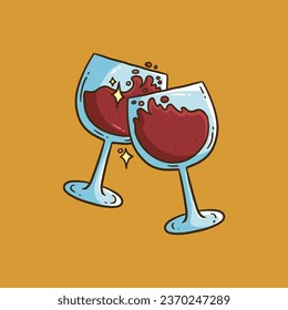Clink wine glasses cartoon illustration style. Glasses with alcoholic beverages. Thanksgiving wine cheers
