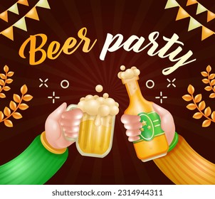 Clinking beer bottles and glasses, Of two Sleeves with sweaters. Party in the pub. 3d illustration, suitable for events