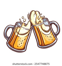 Clinking beer glass mugs line icon. Outline hand drawn two cups with beer splash and froth, vintage cheers emblem. Oktoberfest, toast mascot, alcohol party in pub color icon vector illustration