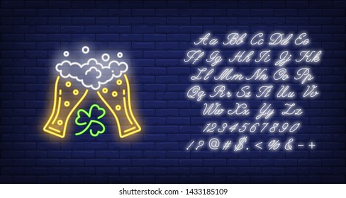 Clinking beer glasses with clover neon sign. Saint Patricks Day design. Night bright neon sign, colorful billboard, light banner. Vector illustration in neon style.