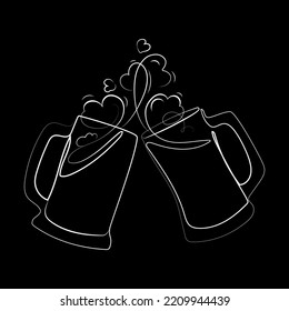 Clinking beer glasses with foam splash Line drawing on black background vector illustration.Two toasting beer mugs, Cheers.Minimalist art design