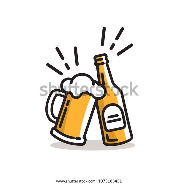 ビールのアイコンをカチカチ鳴らす パブで瓶と軽いビールのジョッキを飲む フラットスタイルのベクターイラスト のベクター画像素材 ロイヤリティフリー
