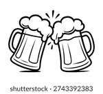 Clinking Beer Mugs Icon – Cheers Toast Splashing Foam Line Vector