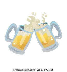 Ícone de cor vetorial de canecas de cerveja. Isolou duas canecas de cerveja geladas com cabeças espumosas sendo amarradas juntas. Ilustração em um plano de fundo branco