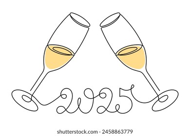 Clinking Cchampagne glasses,celebrating 2025 new year,one line art,continuous drawing contour.Cheers toast,festive hand drawn holiday decoration,simple minimalist design.Editable stroke.