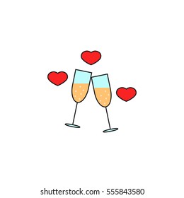 Clinking champagne glasses with hearts solid icon, stemware and wineglasses , vector graphics, a colorful linear pattern on a white background, eps 10.