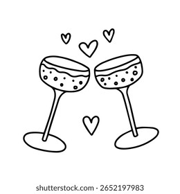 Copos de champanhe com coração vetor doodle ilustração
