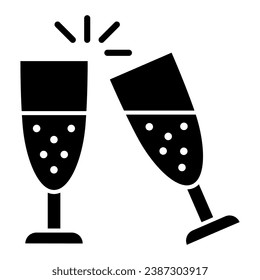 Clinking of champagne glasses solid icon, New Year concept, sparkling champagne glasses sign on white background, clink wineglasses icon in glyph style for mobile and web. Vector graphics