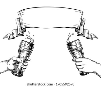 Clinking Cheers beer glasses in hands with a foamy splash. Curved Arcuate wide ribbon. Tape on top with an empty place for the title. Hand-drawn chalkboard vector sketch for a brewery, restaurant menu