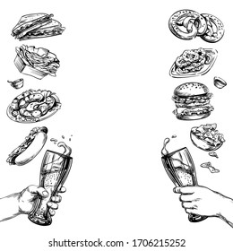 Clinking Cheers beer glasses in hands. Snacks and food. Malt drink with a foamy splash. Hamburger, hot dog, french fries, pretzel, sausages, squid rings. Bar, Tavern, Restaurant  menu Template. Vector