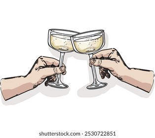 Clinking jubelt zwei Hände Gläser Champagner Grafik Vektorgrafik. Chin Chin Party mit zwei Champagnergläsern auf weißem Hintergrund