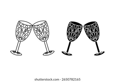 Clinking Decorative Wine Glasses Line Art Vector Illustration.