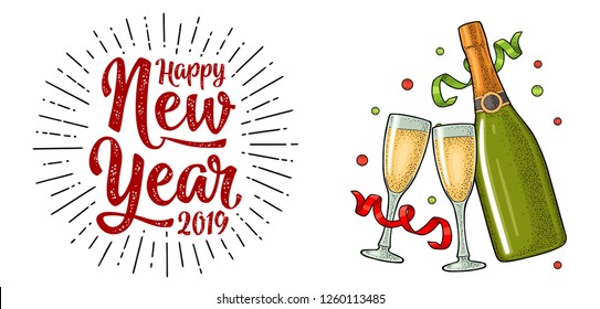 Clinking glass, champagne bottle, serpentine ribbons. Happy Holidays handwriting calligraphy lettering with salute. Vintage vector color engraving illustration isolated on white