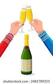 Clinking glass in hands, bottle of champagne. Christmas toast concept. Happy new year banner. Merry christmas holiday. New year and xmas celebration. Vector illustration flat style