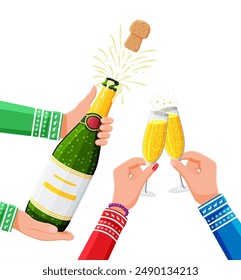 Clinking glass in hands, bottle of champagne. Christmas toast concept. Happy new year banner. Merry christmas holiday. New year and xmas celebration. Vector illustration flat style