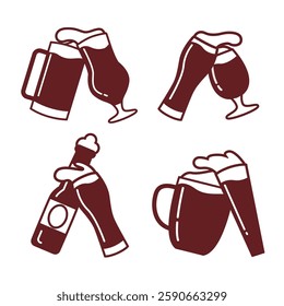 Clinking glasses of beer. Monochrome pictograms with glasses that are clinking. Set of logos with beer glasses. Beer glass logo