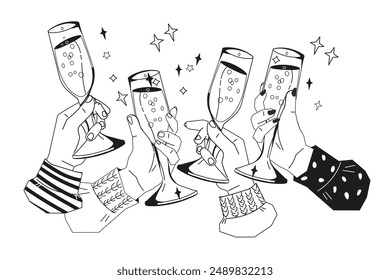 Clinking glasses, celebrating and toast sketch vector illustration on white background. Hands of people raise their glasses and drink together in honor of a person or holiday, festive event.