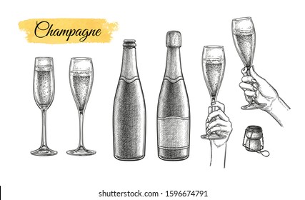 Clinking glasses and champagne bottles. Big set. Ink sketch isolated on white background. Hand drawn vector illustration. Retro style.