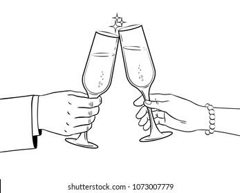 Clinking glasses with champagne coloring retro vector illustration. Isolated image on white background. Comic book style imitation.