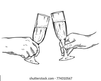 Clinking glasses with champagne engraving vector illustration. Scratch board style imitation. Hand drawn image.