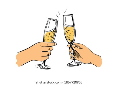 Clinking glasses of champagne. Two hands holding glasses of sparkling wine. Vector illustration in sketch style