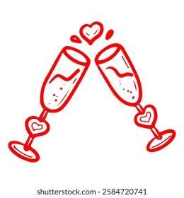 Clinking glasses. Hand drawn doodle. Wine, champagne of love. Wedding decor. Romantic elixir. Carbonated alcoholic drink. Beverage. Cocktail. Vector line art illustration.
