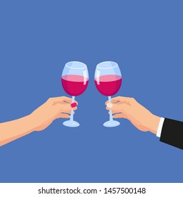 Clinking glasses, hands holding glasses of red wine holiday congratulations. Vector template illustration