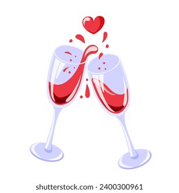 Gafas de enlace con el vino chapoteo en dibujos animados, de estilo plano. Bebida alcohólica. Ilustración vectorial aislada en un fondo blanco.