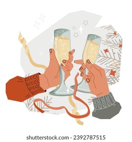 Clinking glasses toast and celebration Christmas party banner design for greeting cards and posters, invitations, vector illustration isolated on white. Hands clinking with glasses of champagne.