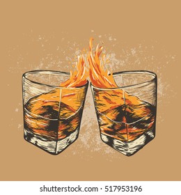 clinking glasses together with whiskey .Hand drawn style. Alcoholic drinks design.Vector illustration