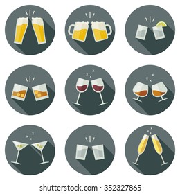 Clinking glasses vector icons. Glasses with alcoholic beverages in flat style.