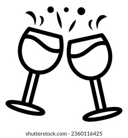 Clinking glasses with wine line icon, Wine festival concept, Celebration toast sign on white background, Glasses of champagne with splash icon in outline style for mobile. Vector graphics