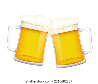 Clinking mugs with yellow beer and foam. Realistic cold intoxicating drink for relaxation and friendly meetings in vector pubs
