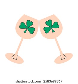 Clinking wine glasses decorated with green clover, a symbol of St. Patrick's Day. Festive hand draw vector illustration