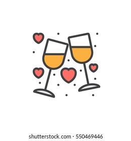 Clinking Wine Glasses, Stemware and hearts line icon, filled outline vector sign, linear colorful pictogram isolated on white. Symbol, logo illustration