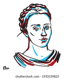 Clio engraved vector portrait with ink contours on white background. In Greek mythology, Clio is the muse of history, or in a few mythological accounts, the muse of lyre playing.